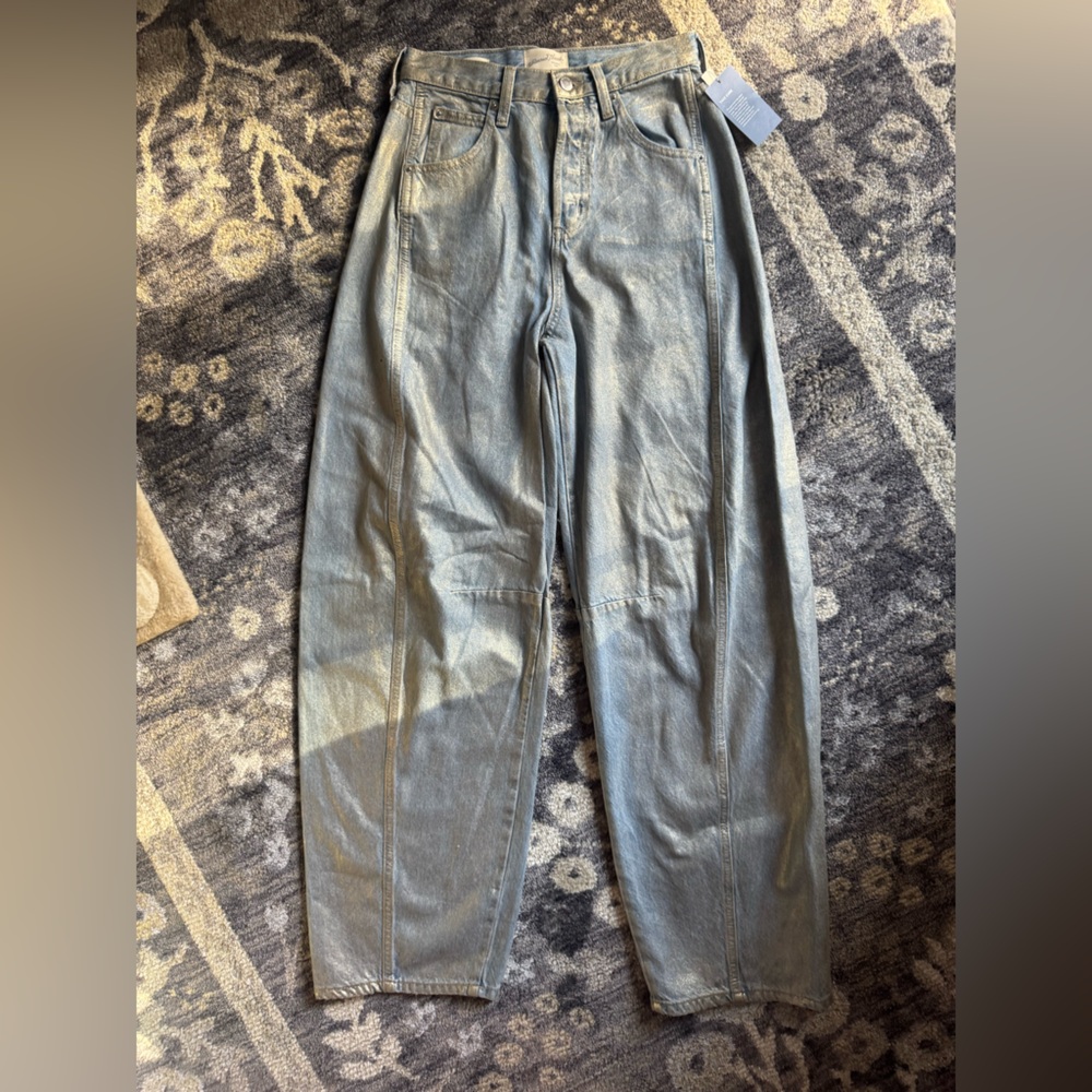 Universal Thread Light Blue Curved Leg Dad High Rise Gold Shimmer Jeans